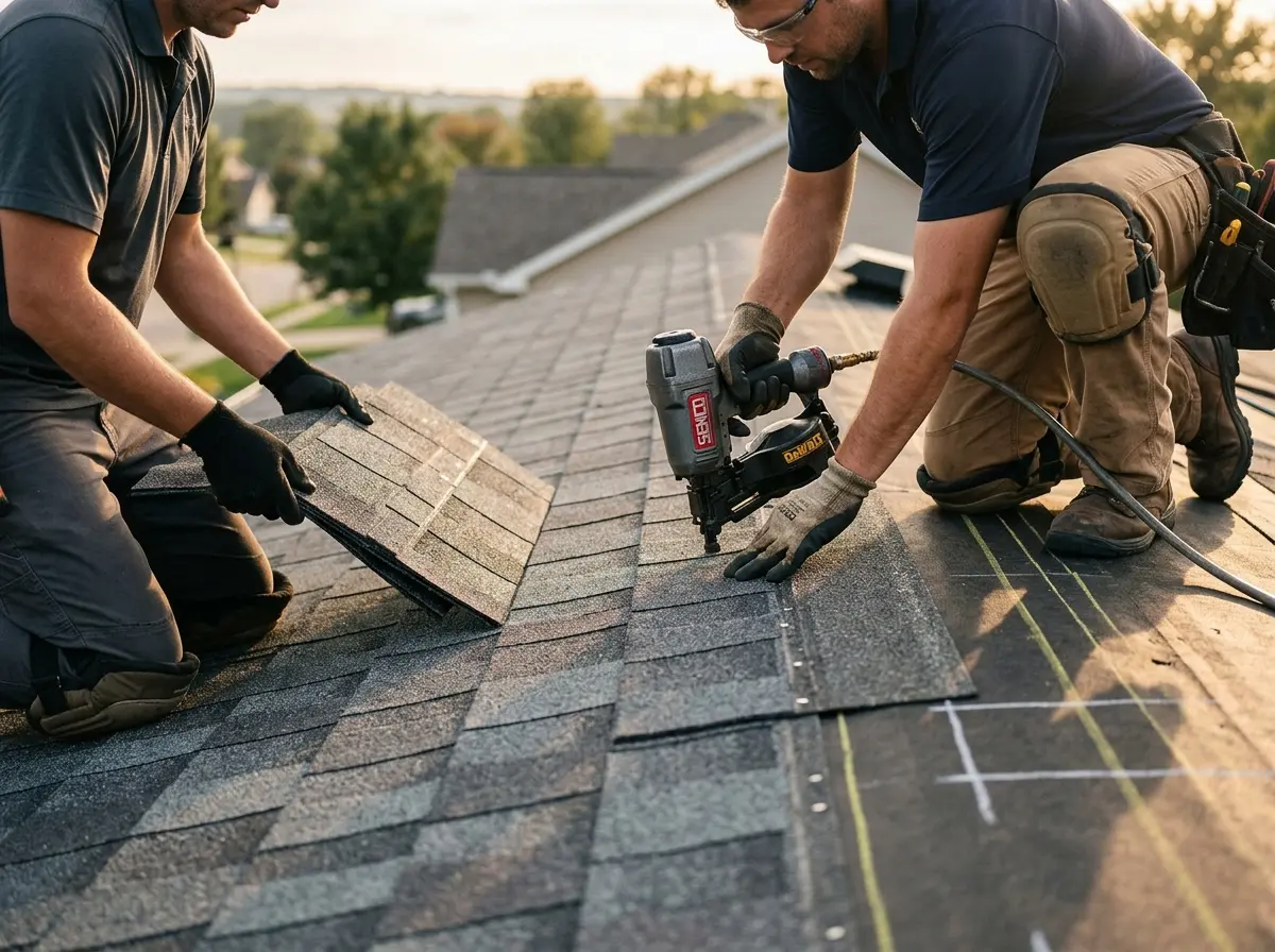 Professional roofer working on a residential roof in Beaufort
